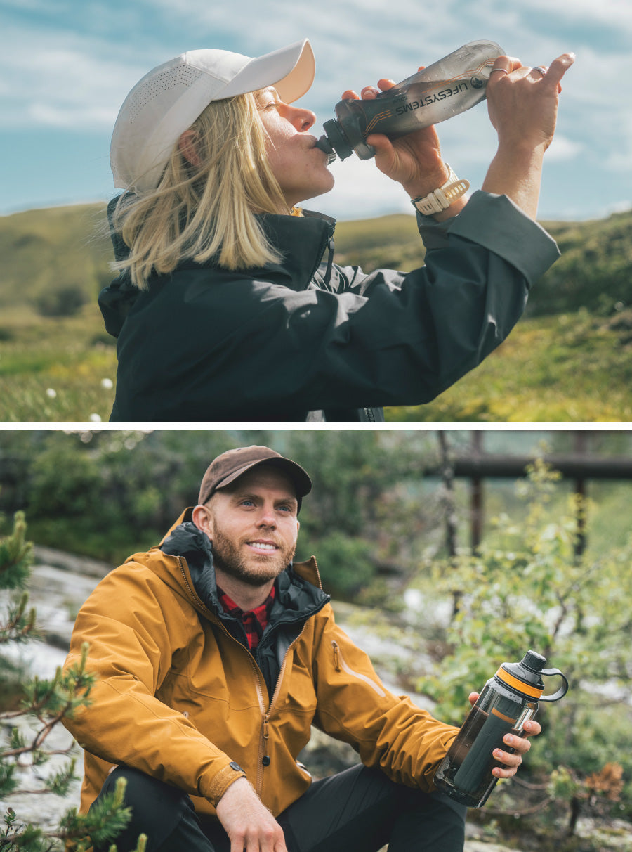 Split image of Lifesystems Water Filter Purifier Soft Flask & Bottle in use.